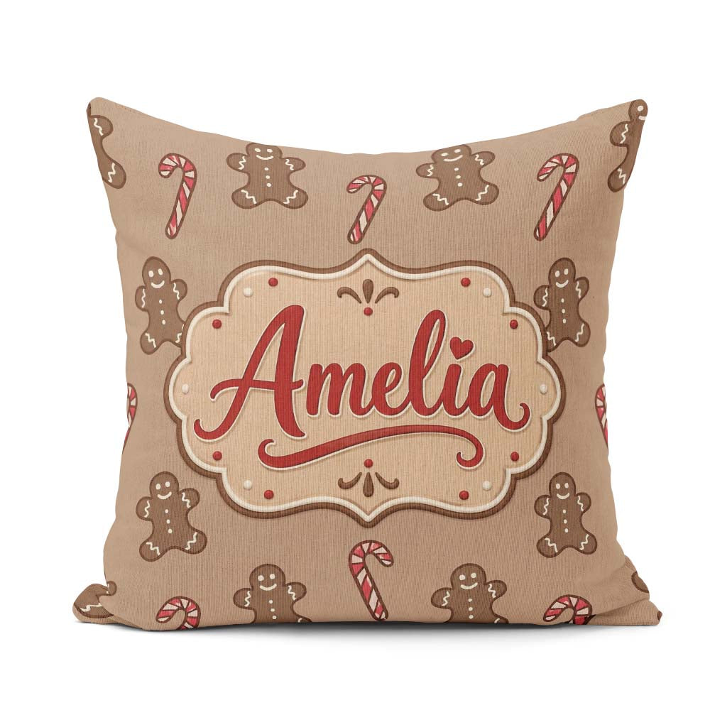 Custom Name Gingerbread Man Candy Cane Brown Christmas Seamless Square Filled Cushion Throw Pillow Sofa Bed Home Decor Zip Washable UK Made