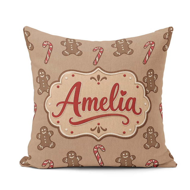 Custom Name Gingerbread Man Candy Cane Brown Christmas Seamless Square Filled Cushion Throw Pillow Sofa Bed Home Decor Zip Washable UK Made