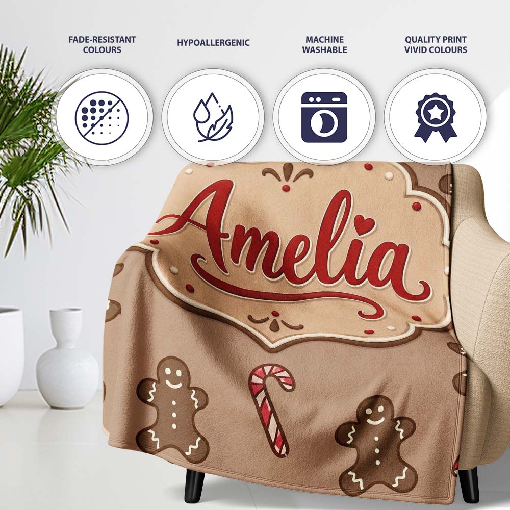 Gingerbread Man Candy Cane Brown Christmas Seamless Pattern Lovely  Personalised Custom Name Super Soft Fleece Blanket Bed Sofa Throw