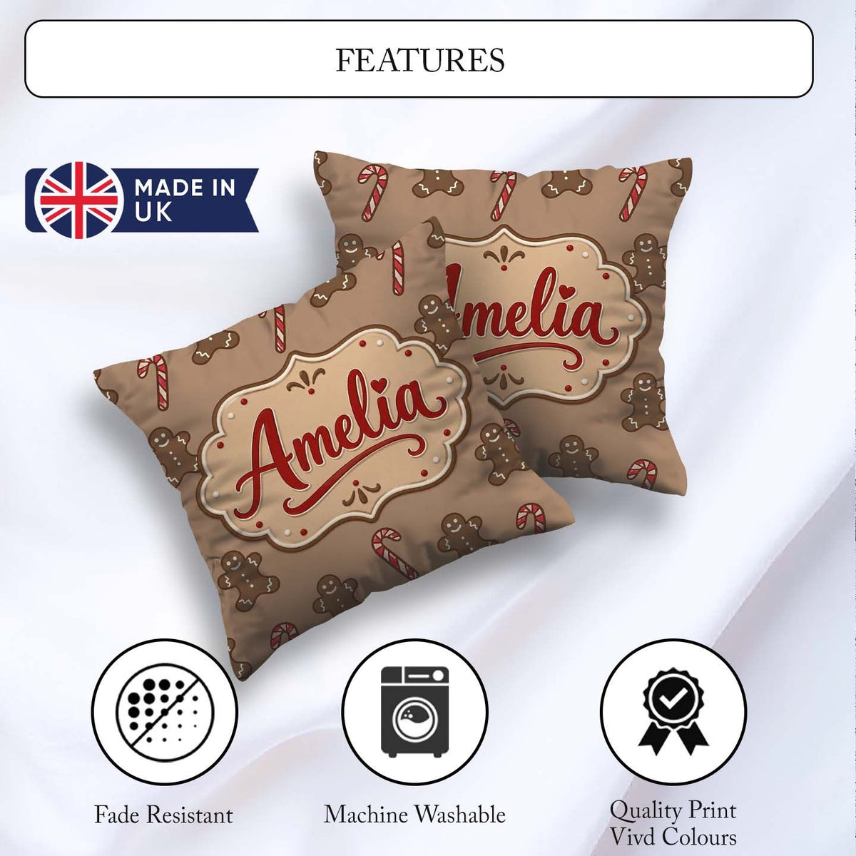 Custom Name Gingerbread Man Candy Cane Brown Christmas Seamless Square Filled Cushion Throw Pillow Sofa Bed Home Decor Zip Washable UK Made