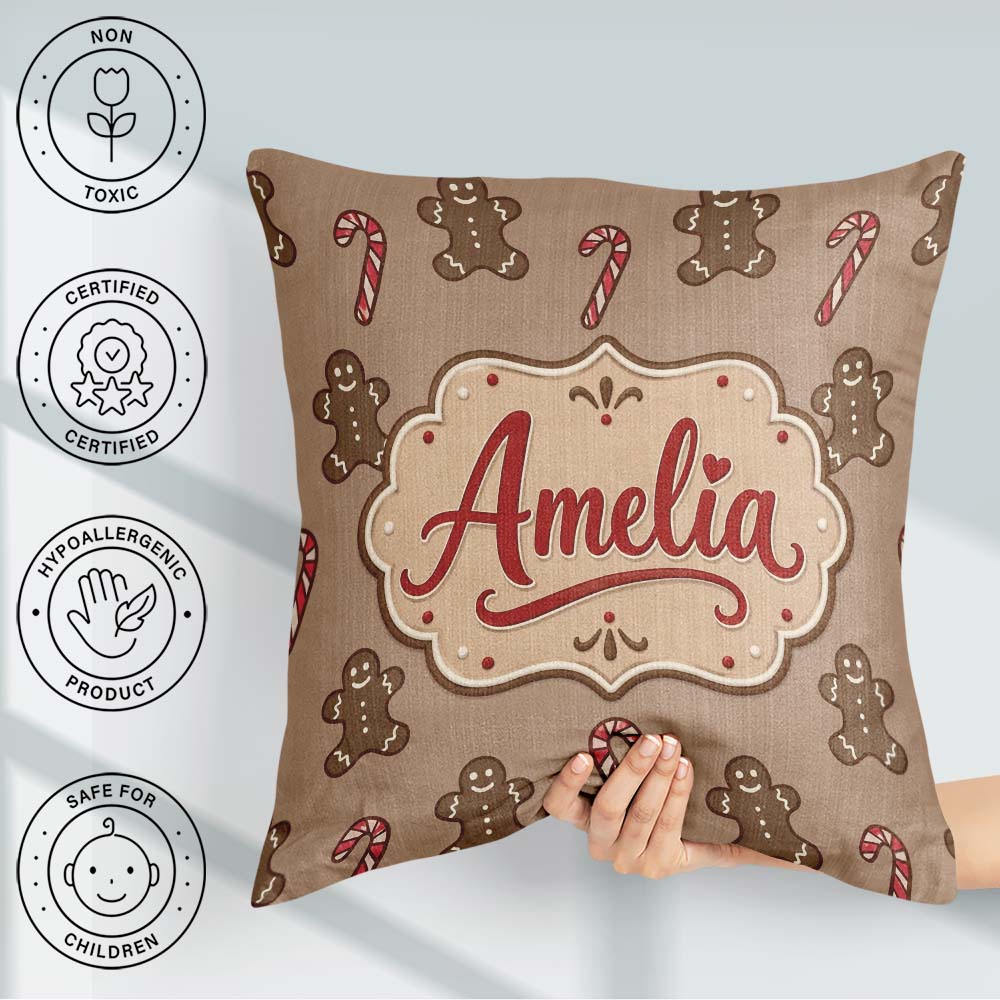 Custom Name Gingerbread Man Candy Cane Brown Christmas Seamless Square Filled Cushion Throw Pillow Sofa Bed Home Decor Zip Washable UK Made