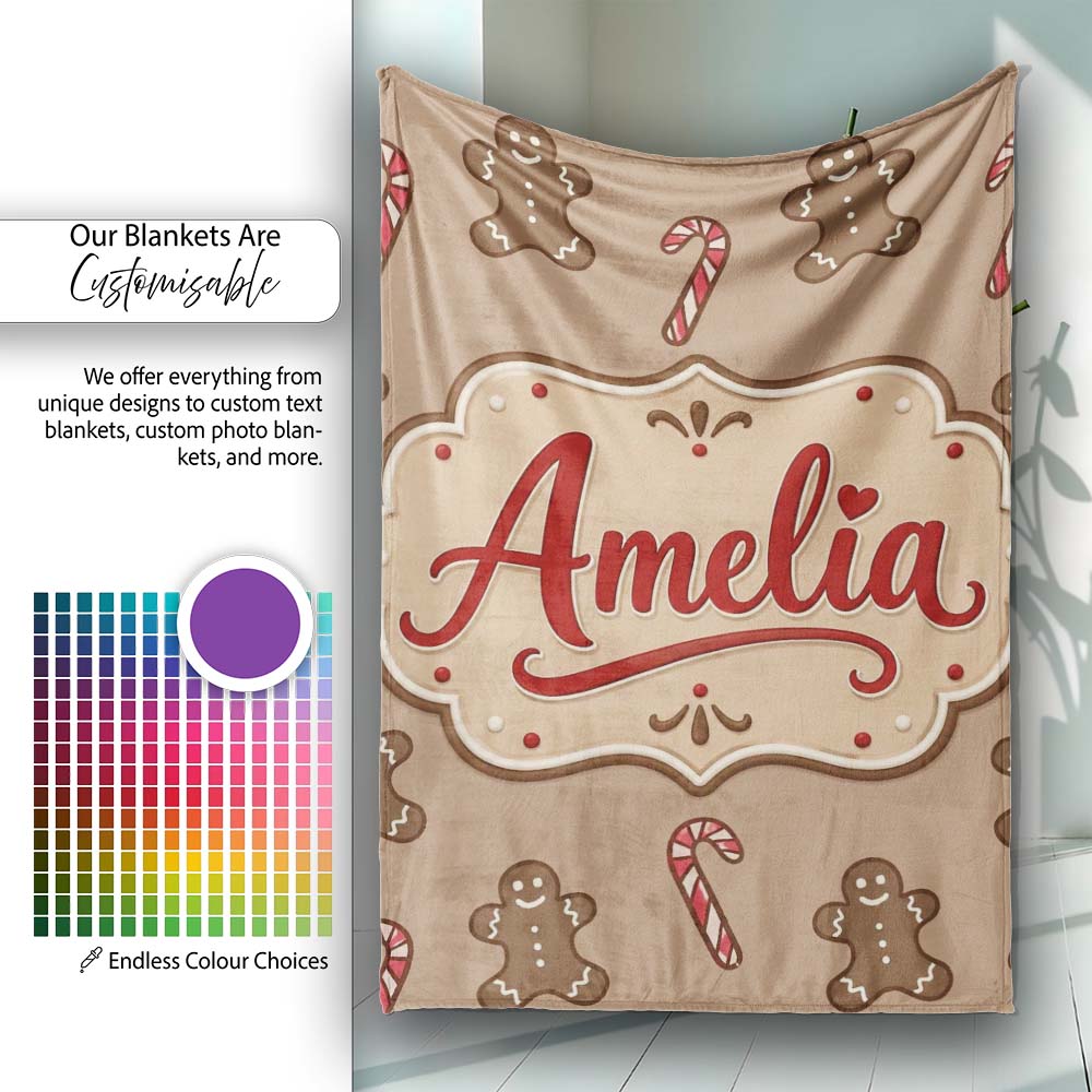 Gingerbread Man Candy Cane Brown Christmas Seamless Pattern Lovely  Personalised Custom Name Super Soft Fleece Blanket Bed Sofa Throw