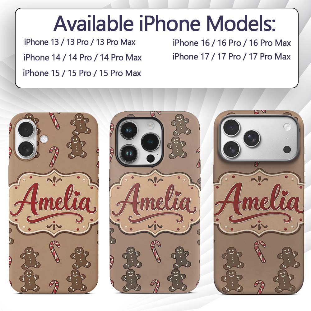 Gingerbread Man Candy Cane Brown Printed Design Custom Name Protective Phone Case Mobile Cover Durable Everyday Smartphone Shock Resistant