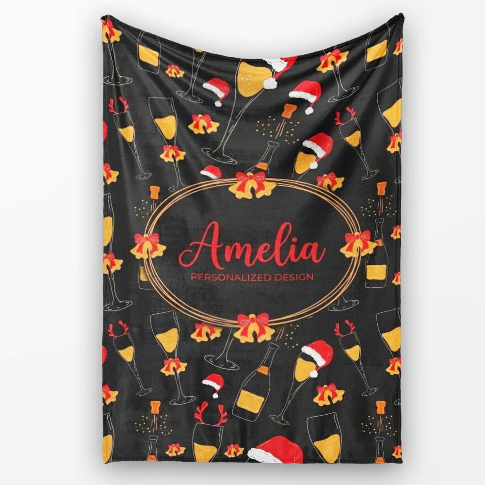 Festive Champagne Glass Santa Hat Bells Seamless Pattern Lovely  Personalised Custom Name Super Soft Fleece Blanket Bed Sofa Throw