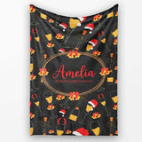 Festive Champagne Glass Santa Hat Bells Seamless Pattern Lovely  Personalised Custom Name Super Soft Fleece Blanket Bed Sofa Throw