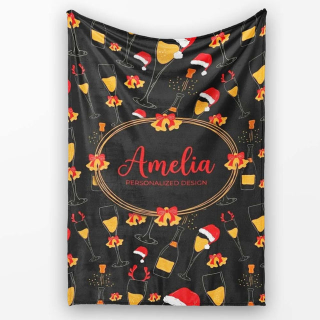 Festive Champagne Glass Santa Hat Bells Seamless Pattern Lovely  Personalised Custom Name Super Soft Fleece Blanket Bed Sofa Throw
