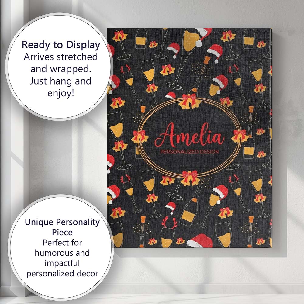 Personalised Name Festive Champagne Glass Custom  Unique Gift Idea Elegant Feature Canvas Wall Art Print Decor Picture Ready to Hang