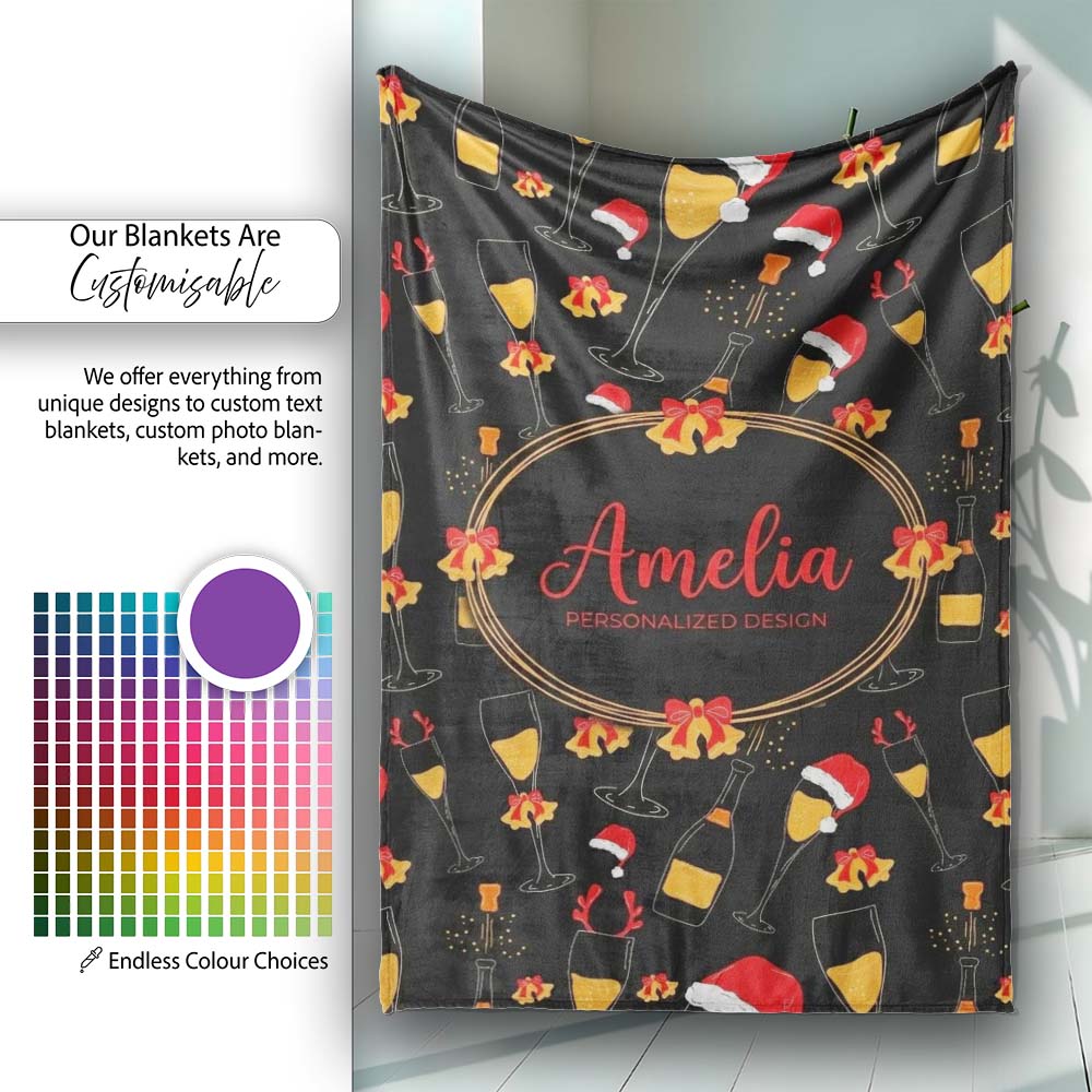 Festive Champagne Glass Santa Hat Bells Seamless Pattern Lovely  Personalised Custom Name Super Soft Fleece Blanket Bed Sofa Throw