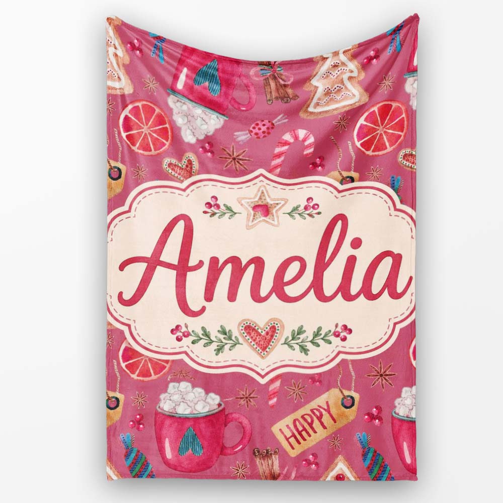 Watercolor Christmas Cookies Candy Cane Orange Slice  Festive  Personalised Custom Name Super Soft Fleece Blanket Bed Sofa Throw