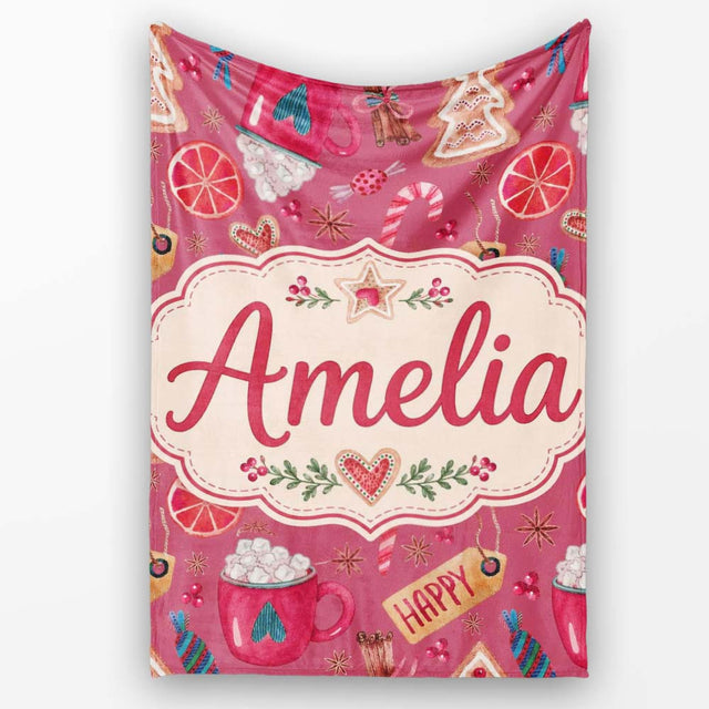 Watercolor Christmas Cookies Candy Cane Orange Slice  Festive  Personalised Custom Name Super Soft Fleece Blanket Bed Sofa Throw