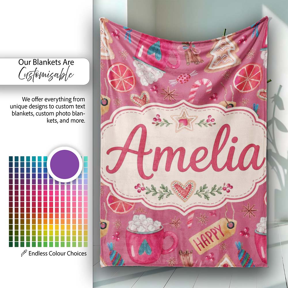 Watercolor Christmas Cookies Candy Cane Orange Slice  Festive  Personalised Custom Name Super Soft Fleece Blanket Bed Sofa Throw