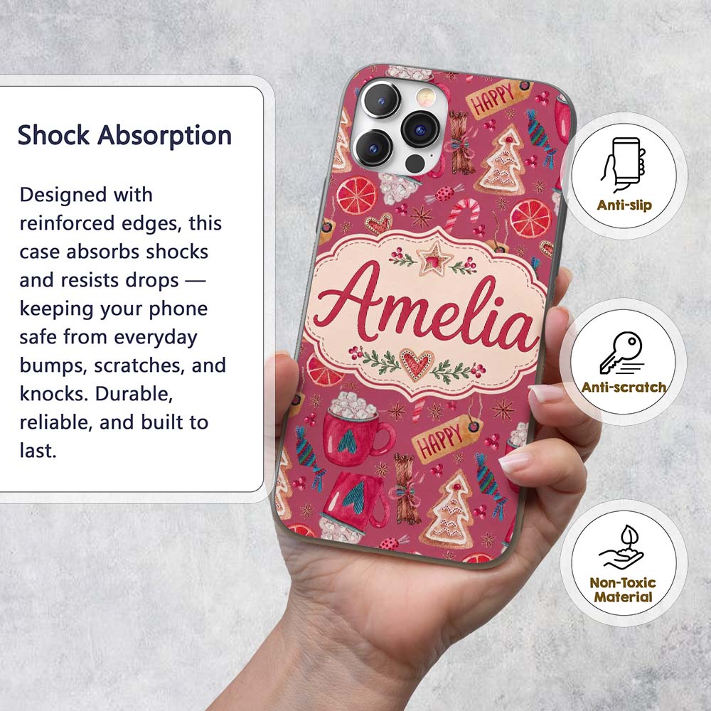 Watercolor Christmas Cookies Candy Cane Orange Custom Name Protective Phone Case Mobile Cover Durable Everyday Smartphone Shock Resistant