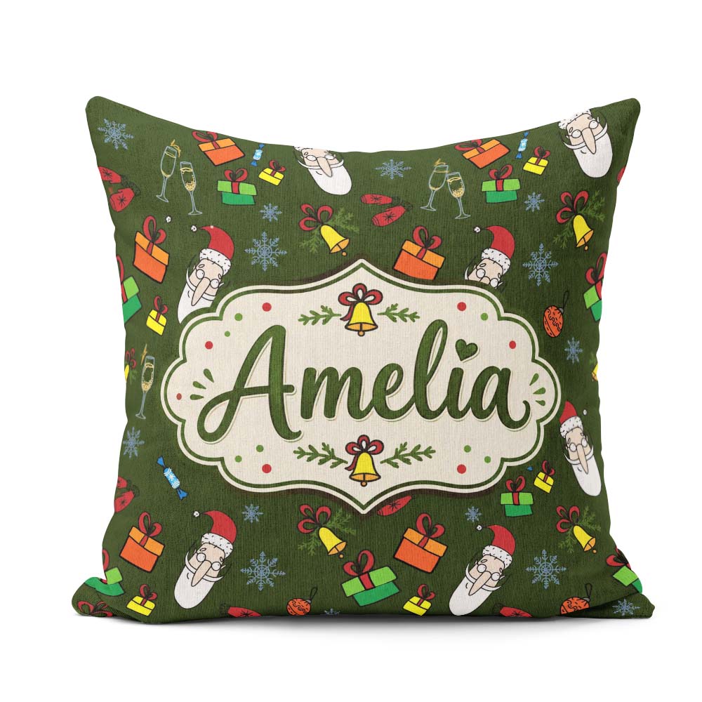 Custom Name Santa Claus Gifts Mittens Champagne Glass Snowflakes Square Filled Cushion Throw Pillow Sofa Bed Home Decor Zip Washable UK Made