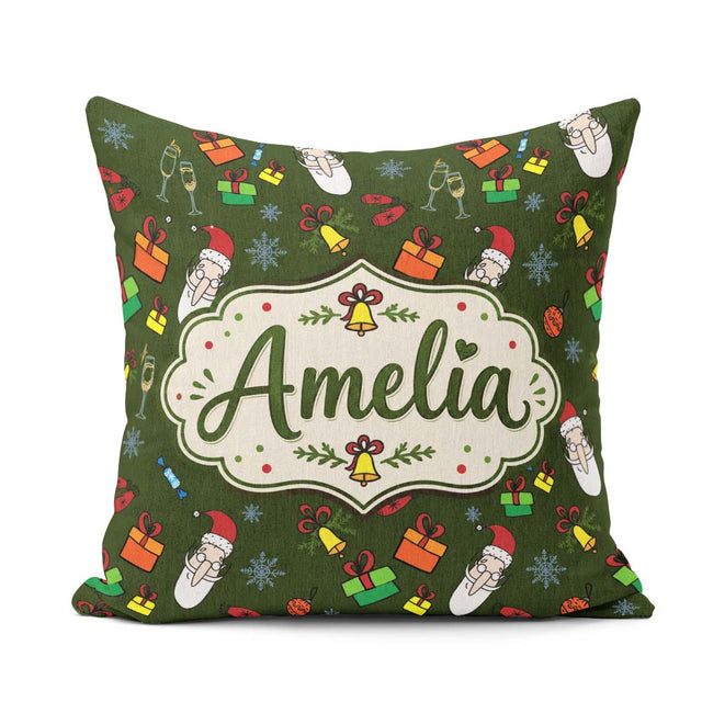 Custom Name Santa Claus Gifts Mittens Champagne Glass Snowflakes Square Filled Cushion Throw Pillow Sofa Bed Home Decor Zip Washable UK Made