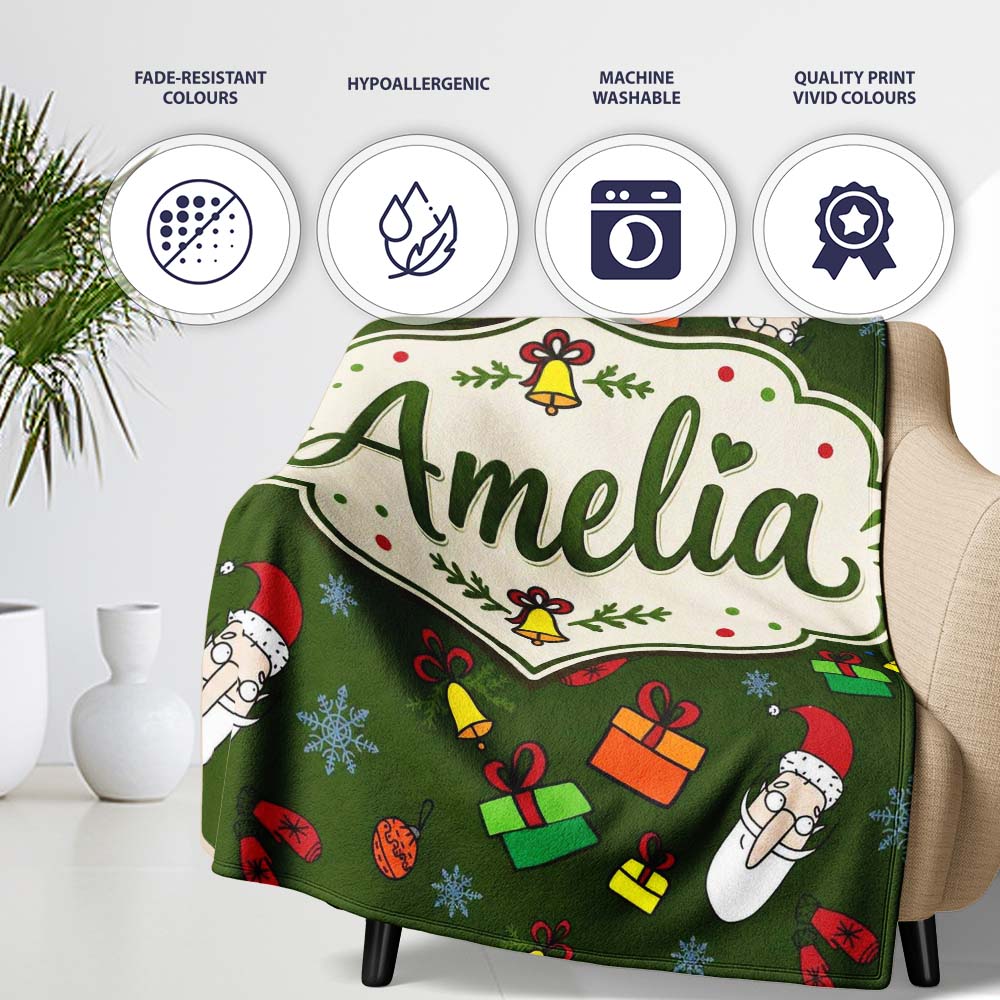 Santa Claus Gifts Mittens Champagne Glass Snowflakes Festive Lovely  Personalised Custom Name Super Soft Fleece Blanket Bed Sofa Throw