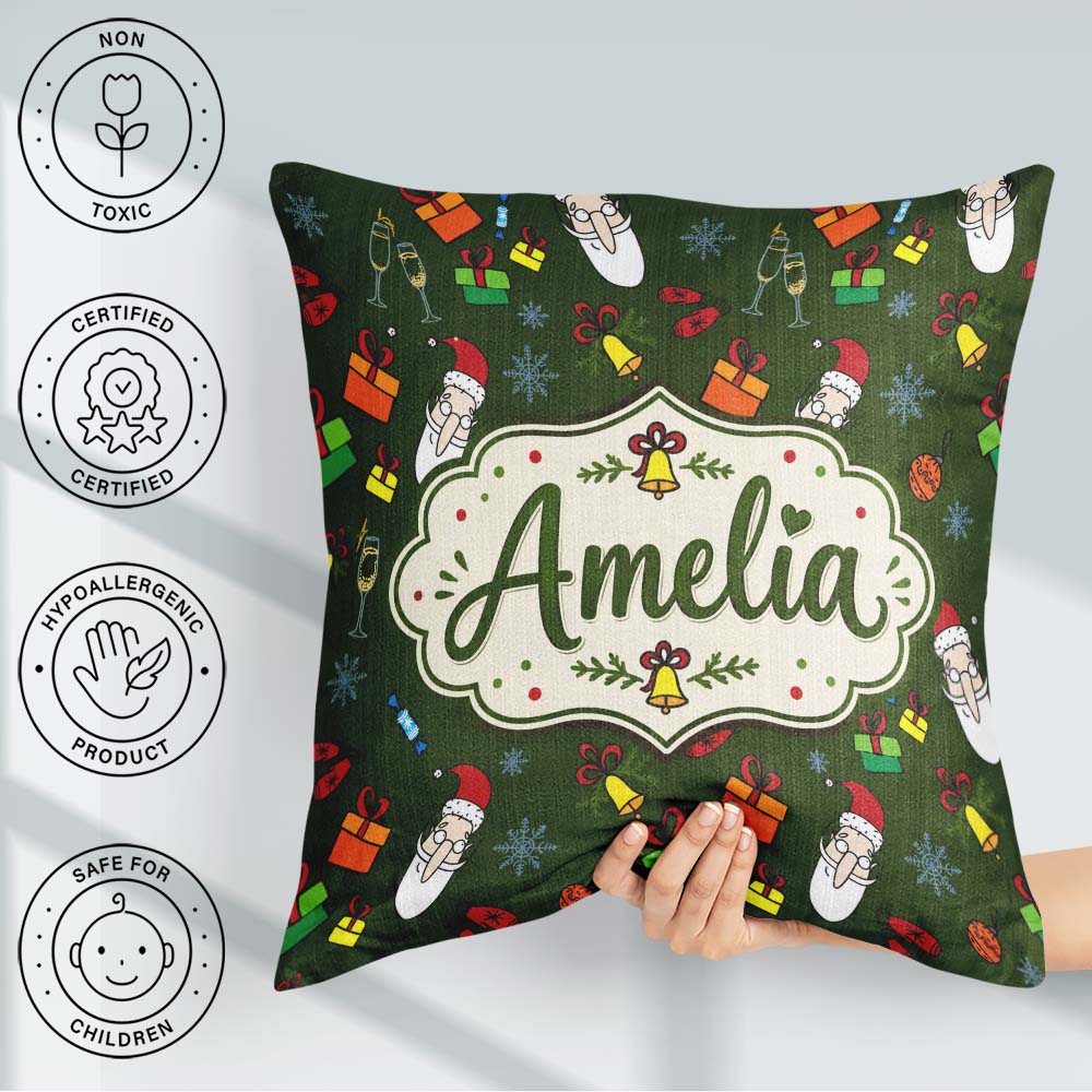 Custom Name Santa Claus Gifts Mittens Champagne Glass Snowflakes Square Filled Cushion Throw Pillow Sofa Bed Home Decor Zip Washable UK Made