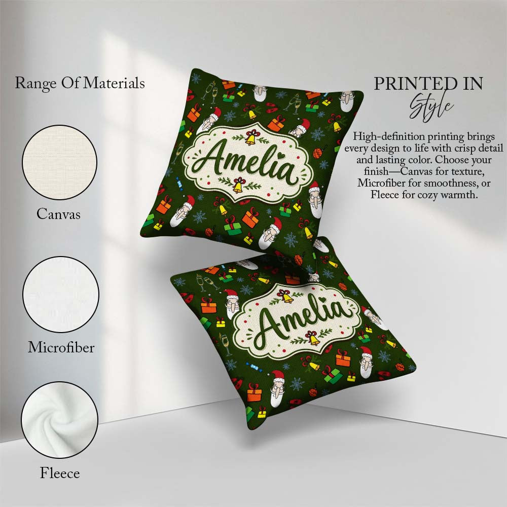 Custom Name Santa Claus Gifts Mittens Champagne Glass Snowflakes Square Filled Cushion Throw Pillow Sofa Bed Home Decor Zip Washable UK Made