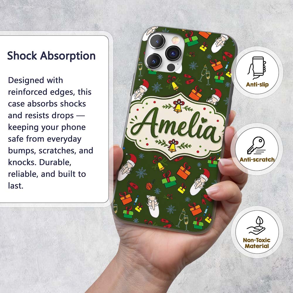 Santa Claus Gifts Mittens Champagne Glass Printed Design Custom Name Protective Phone Case Mobile Cover Durable Smartphone Shock Resistant
