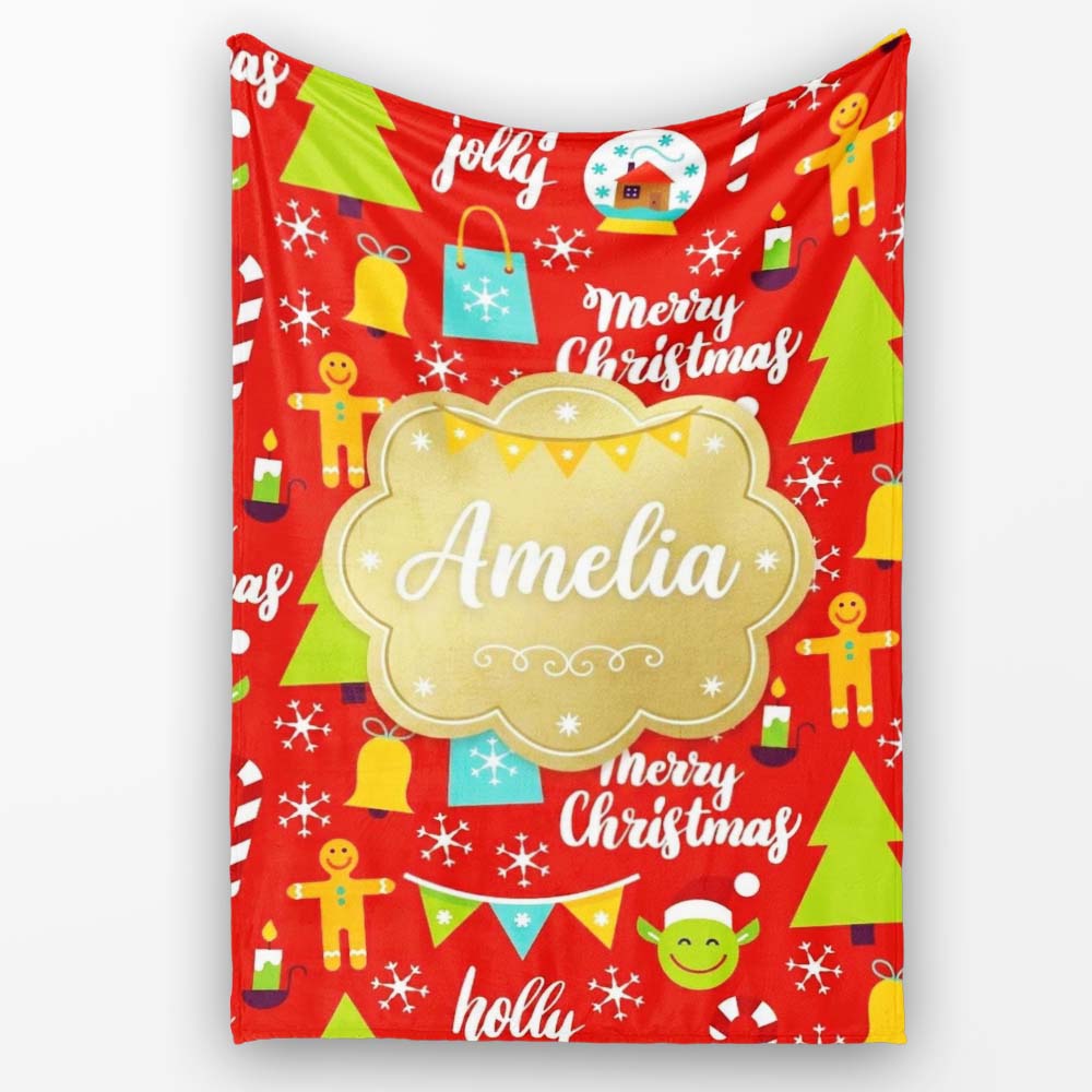 Merry Christmas Holly Jolly Tree Candy Cane Snowflake Festive Lovely  Personalised Custom Name Super Soft Fleece Blanket Bed Sofa Throw