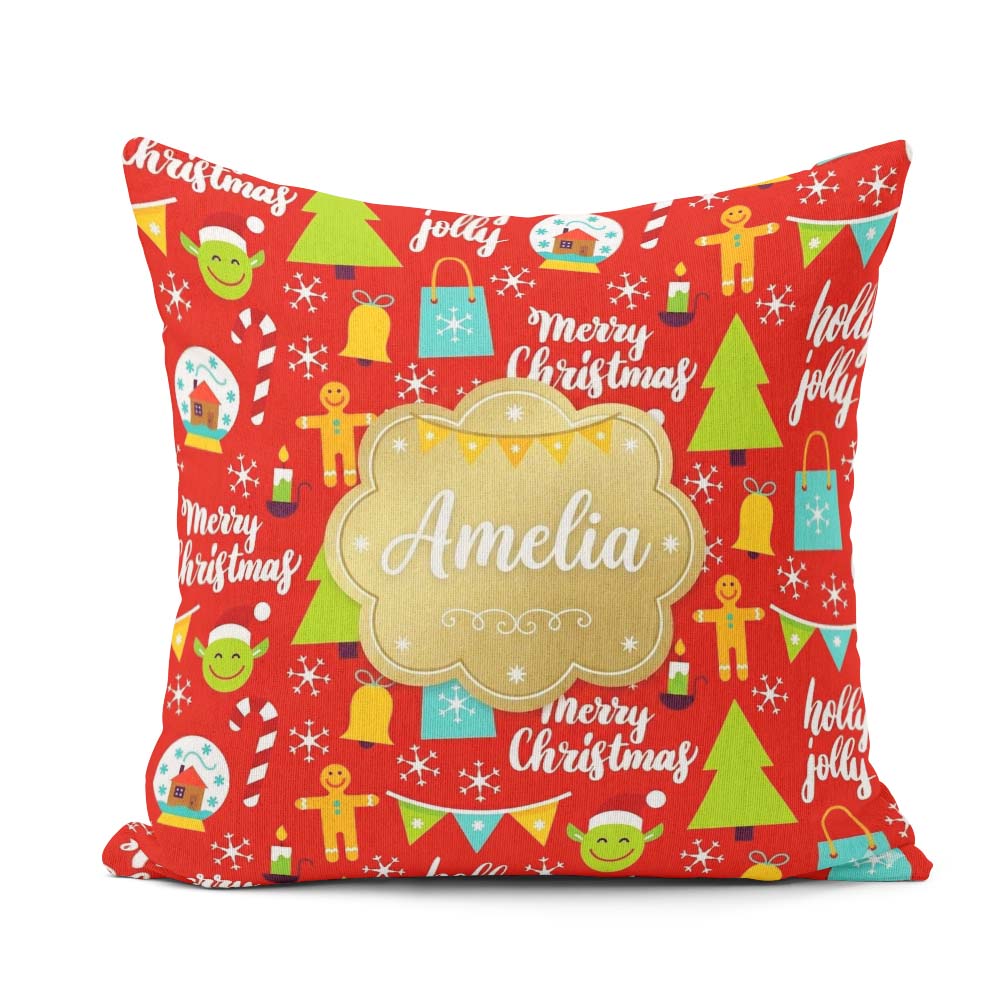 Custom Name Merry Christmas Holly Jolly Tree Candy Cane Festive Square Filled Cushion Throw Pillow Sofa Bed Home Decor Zip Washable UK Made