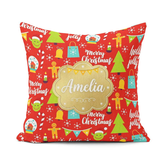 Custom Name Merry Christmas Holly Jolly Tree Candy Cane Festive Square Filled Cushion Throw Pillow Sofa Bed Home Decor Zip Washable UK Made