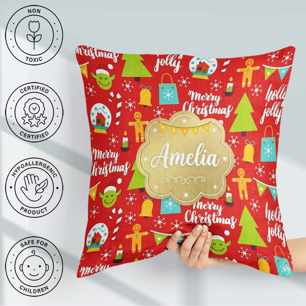 Custom Name Merry Christmas Holly Jolly Tree Candy Cane Festive Square Filled Cushion Throw Pillow Sofa Bed Home Decor Zip Washable UK Made