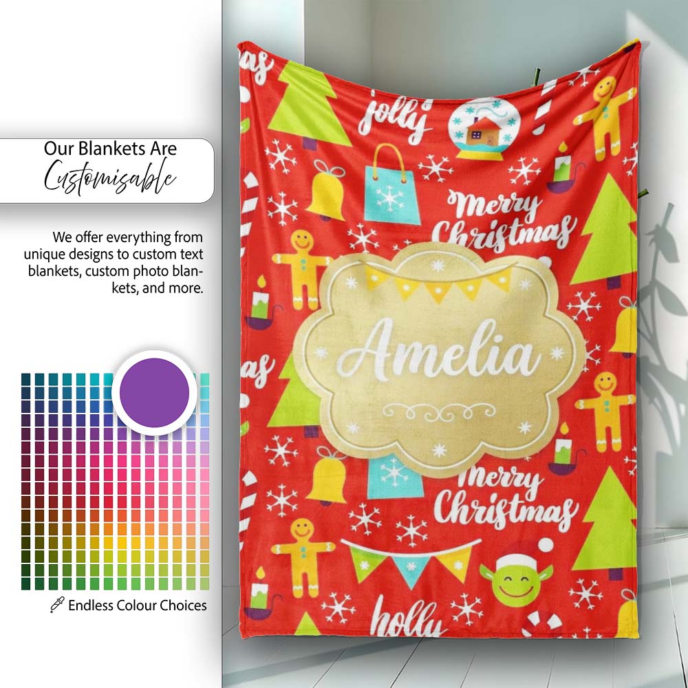 Merry Christmas Holly Jolly Tree Candy Cane Snowflake Festive Lovely  Personalised Custom Name Super Soft Fleece Blanket Bed Sofa Throw