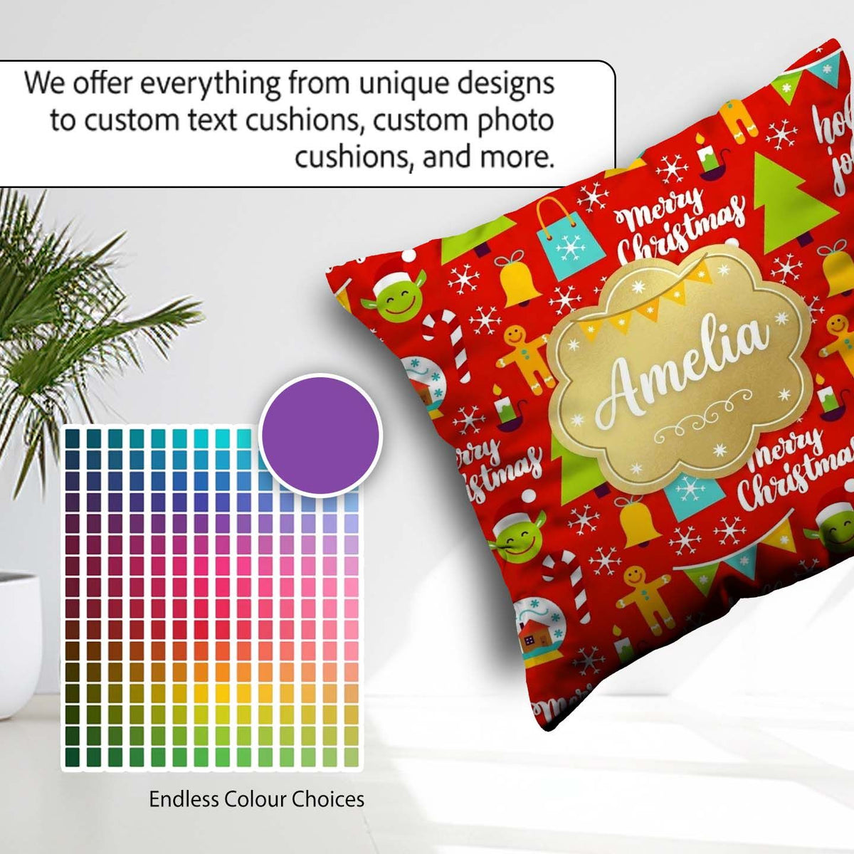 Custom Name Merry Christmas Holly Jolly Tree Candy Cane Festive Square Filled Cushion Throw Pillow Sofa Bed Home Decor Zip Washable UK Made