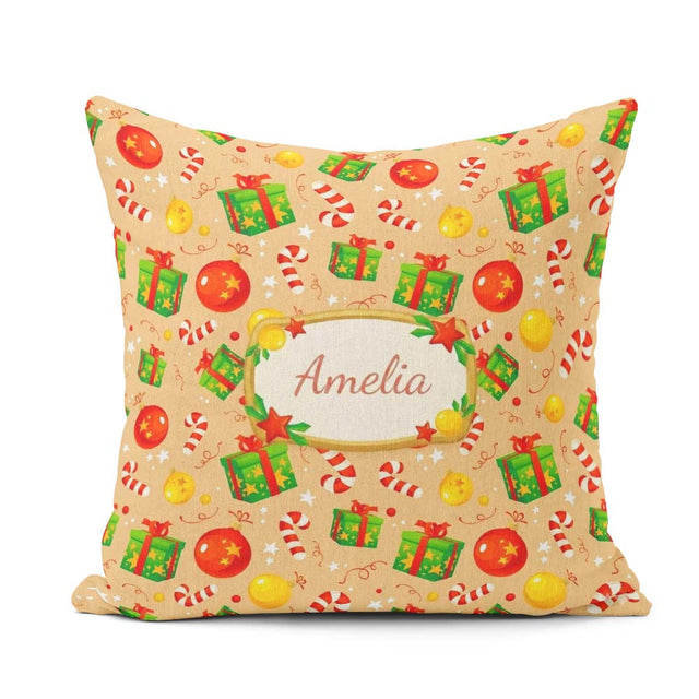 Custom Name Christmas Baubles Candy Cane Boxes Ornaments Festive Square Filled Cushion Throw Pillow Sofa Bed Home Decor Zip Washable UK Made
