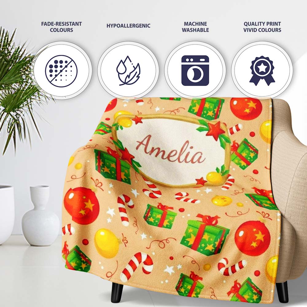 Christmas Baubles Candy Cane Gift Boxes Ornaments Festive Seamless  Personalised Custom Name Super Soft Fleece Blanket Bed Sofa Throw