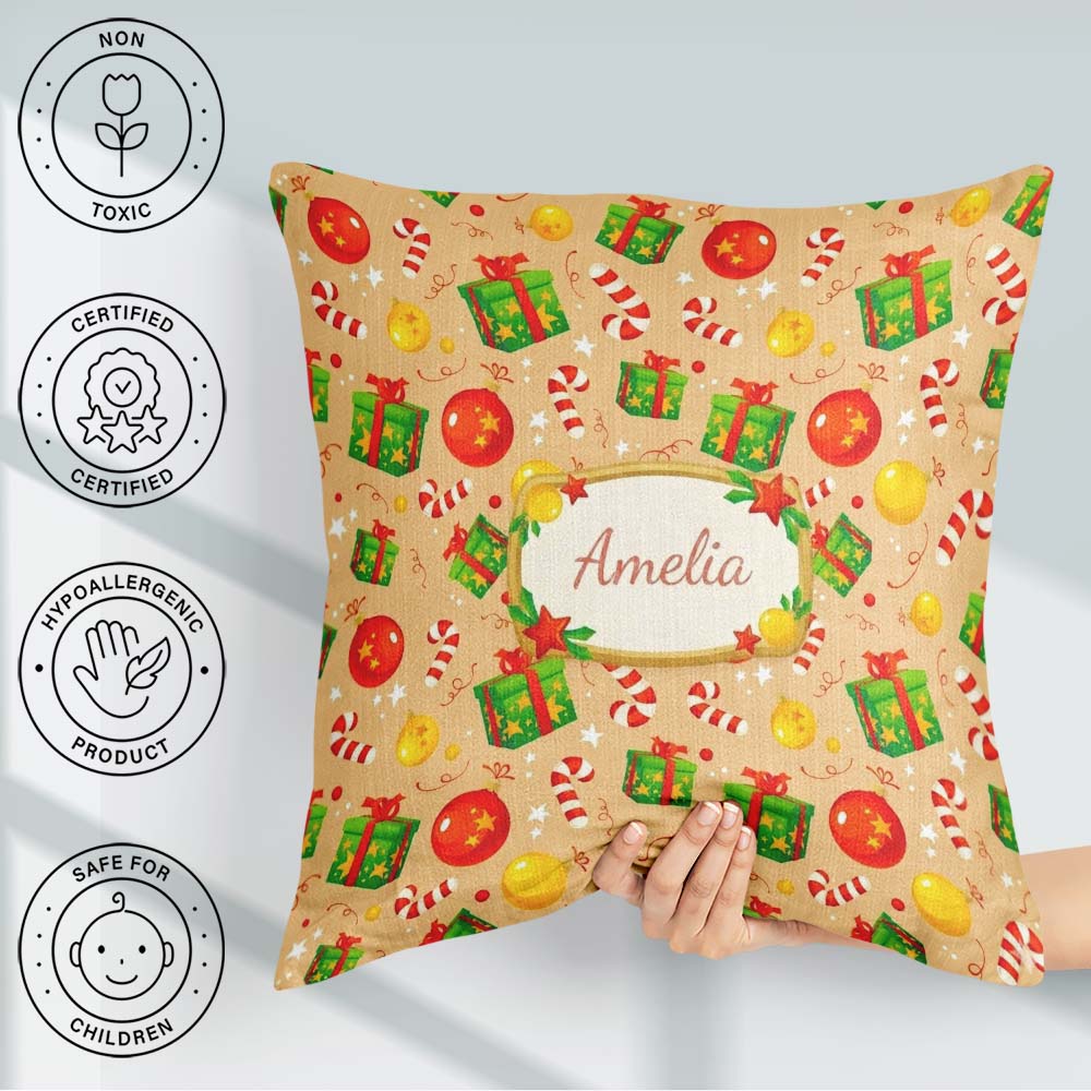 Custom Name Christmas Baubles Candy Cane Boxes Ornaments Festive Square Filled Cushion Throw Pillow Sofa Bed Home Decor Zip Washable UK Made