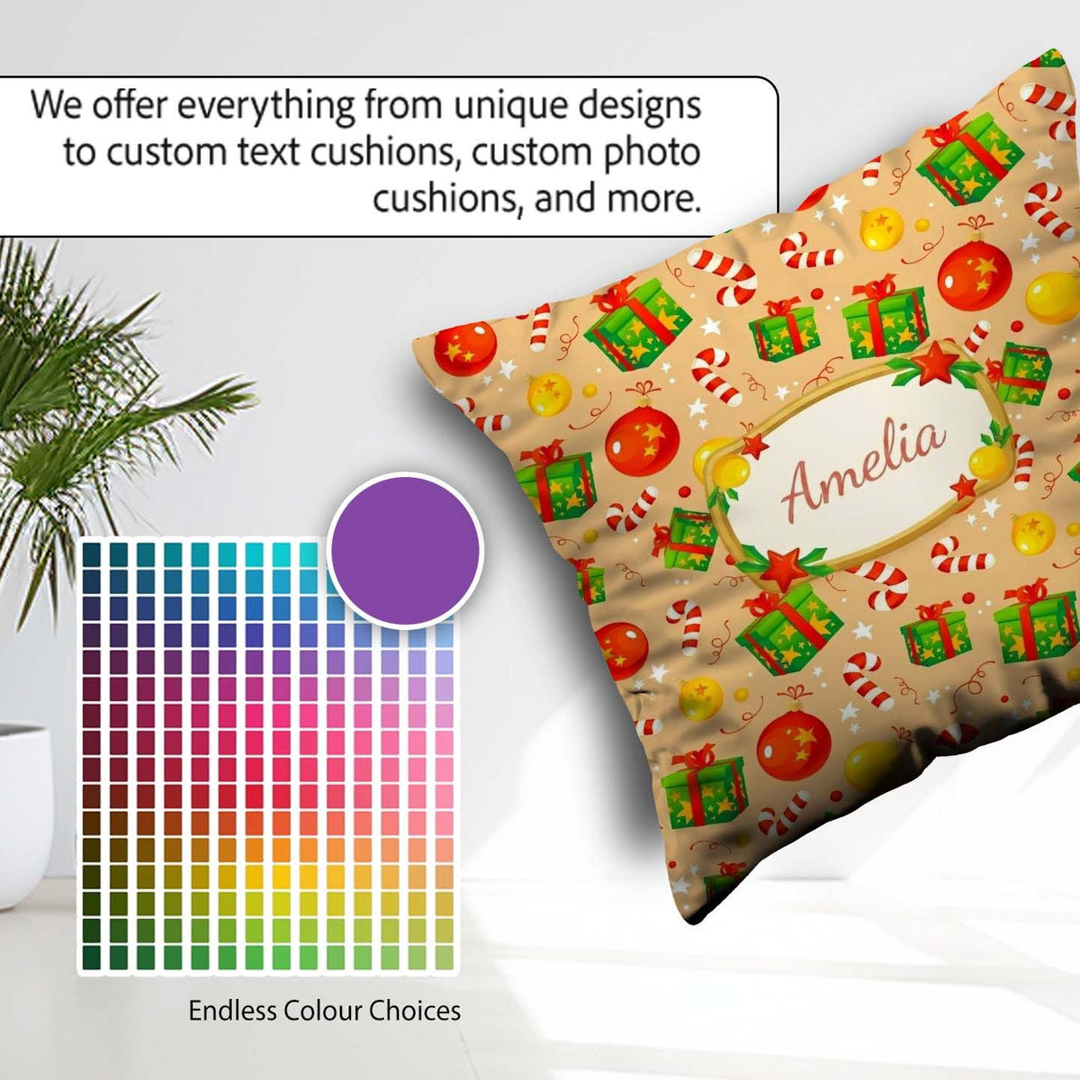 Custom Name Christmas Baubles Candy Cane Boxes Ornaments Festive Square Filled Cushion Throw Pillow Sofa Bed Home Decor Zip Washable UK Made