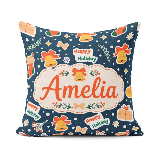 Custom Name Happy Holiday Bells Gift Box Winter Festive Seamless Square Filled Cushion Throw Pillow Sofa Bed Home Decor Zip Washable UK Made