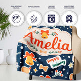 Happy Holiday Bells Gift Box Snowflakes Winter Festive Seamless  Personalised Custom Name Super Soft Fleece Blanket Bed Sofa Throw
