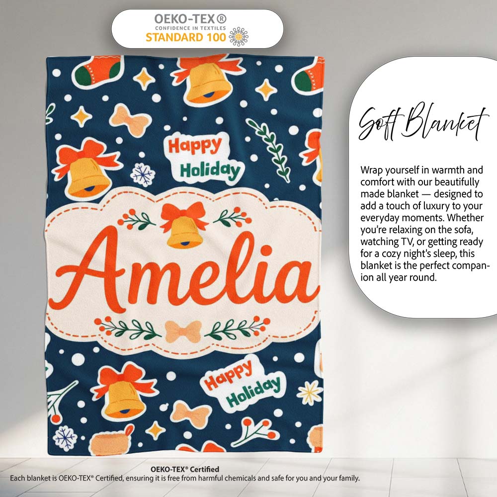 Happy Holiday Bells Gift Box Snowflakes Winter Festive Seamless  Personalised Custom Name Super Soft Fleece Blanket Bed Sofa Throw