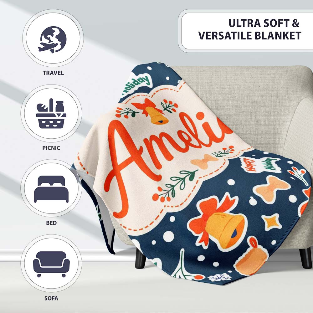 Happy Holiday Bells Gift Box Snowflakes Winter Festive Seamless  Personalised Custom Name Super Soft Fleece Blanket Bed Sofa Throw