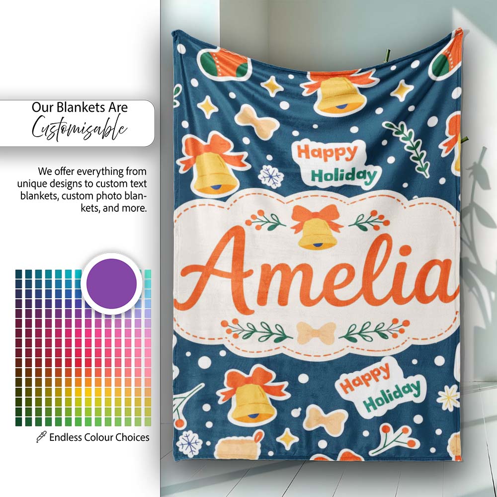 Happy Holiday Bells Gift Box Snowflakes Winter Festive Seamless  Personalised Custom Name Super Soft Fleece Blanket Bed Sofa Throw