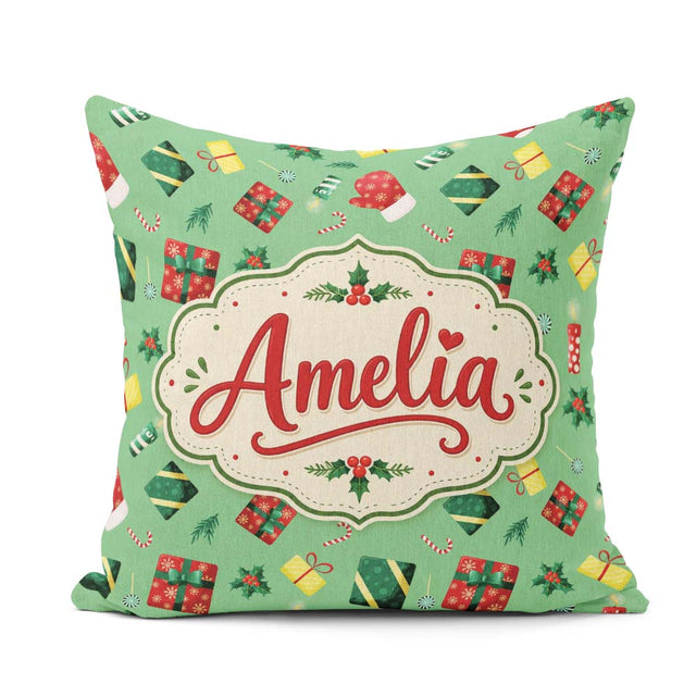Custom Name Santa Reindeer Snowman Gift Boxes Ornaments Seamless Square Filled Cushion Throw Pillow Sofa Bed Home Decor Zip Washable UK Made