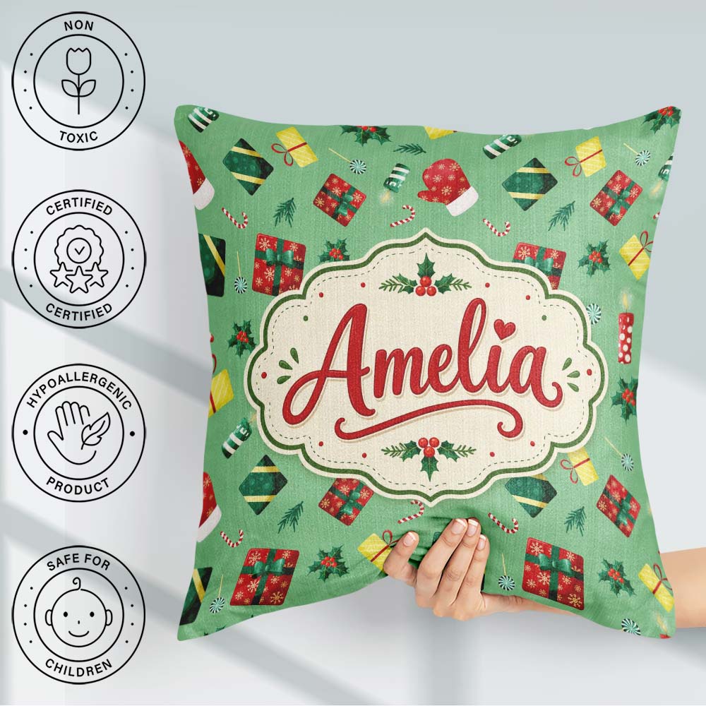 Custom Name Santa Reindeer Snowman Gift Boxes Ornaments Seamless Square Filled Cushion Throw Pillow Sofa Bed Home Decor Zip Washable UK Made