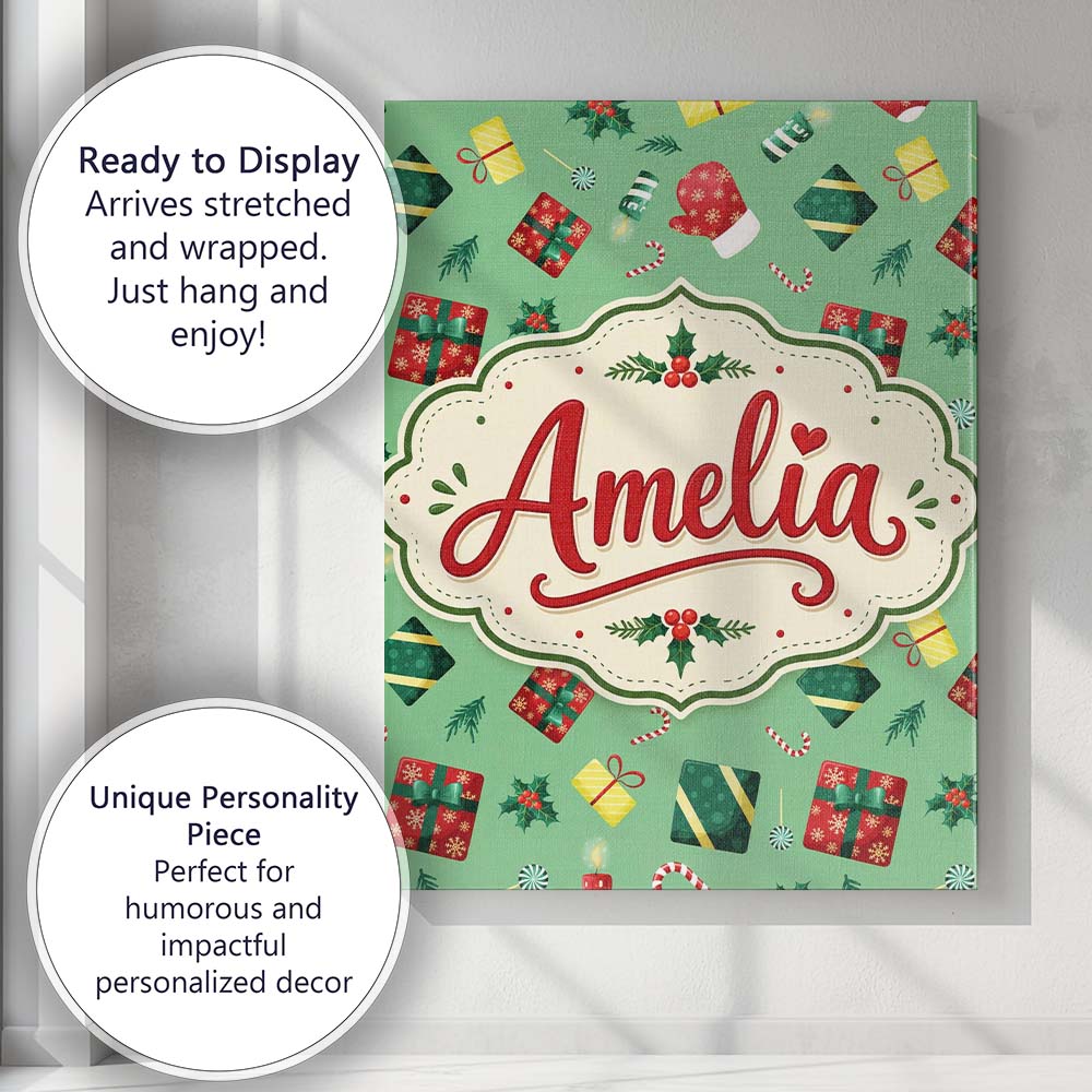 Personalised Name Santa Reindeer Snowman Custom  Unique Gift Idea Elegant Feature Canvas Wall Art Print Decor Picture Ready to Hang