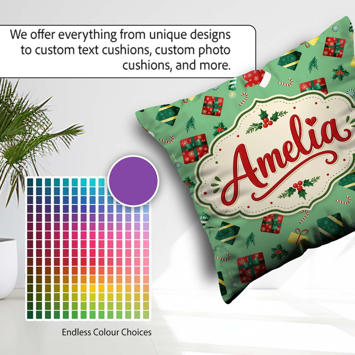 Custom Name Santa Reindeer Snowman Gift Boxes Ornaments Seamless Square Filled Cushion Throw Pillow Sofa Bed Home Decor Zip Washable UK Made