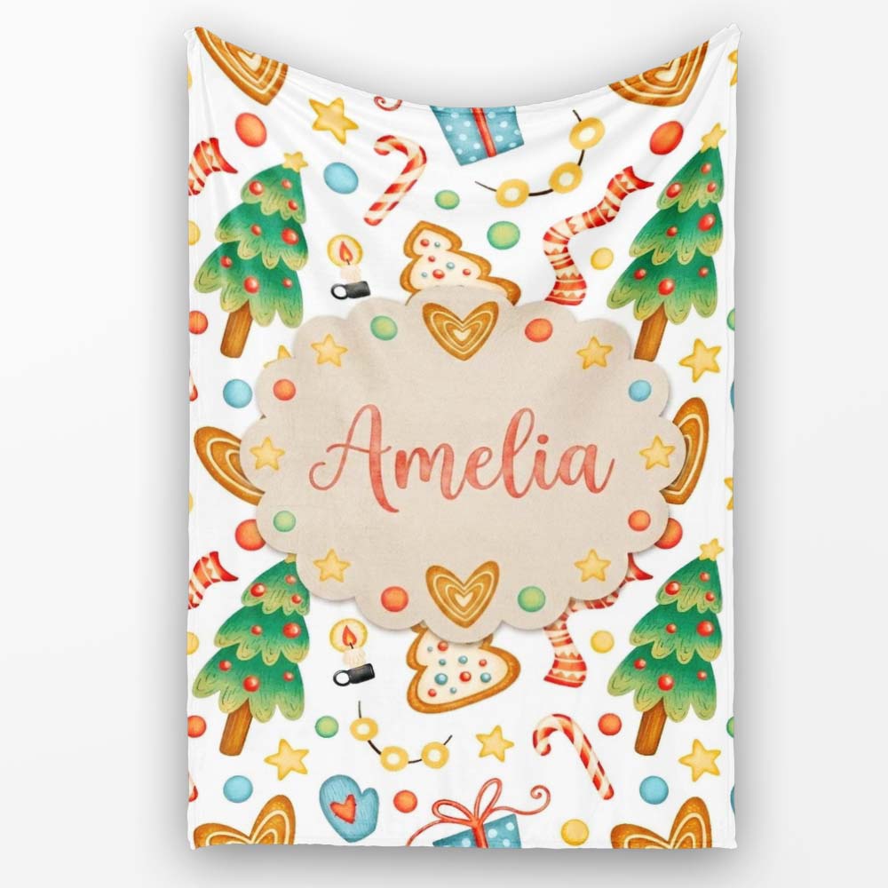 Christmas Tree Candy Cane Cookies Stars Gift Festive Seamless Lovely  Personalised Custom Name Super Soft Fleece Blanket Bed Sofa Throw