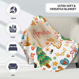Christmas Tree Candy Cane Cookies Stars Gift Festive Seamless Lovely  Personalised Custom Name Super Soft Fleece Blanket Bed Sofa Throw