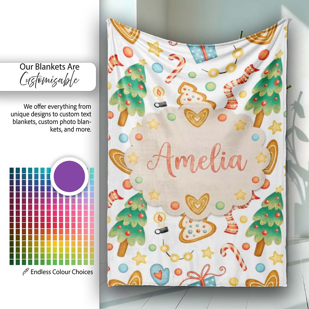 Christmas Tree Candy Cane Cookies Stars Gift Festive Seamless Lovely  Personalised Custom Name Super Soft Fleece Blanket Bed Sofa Throw