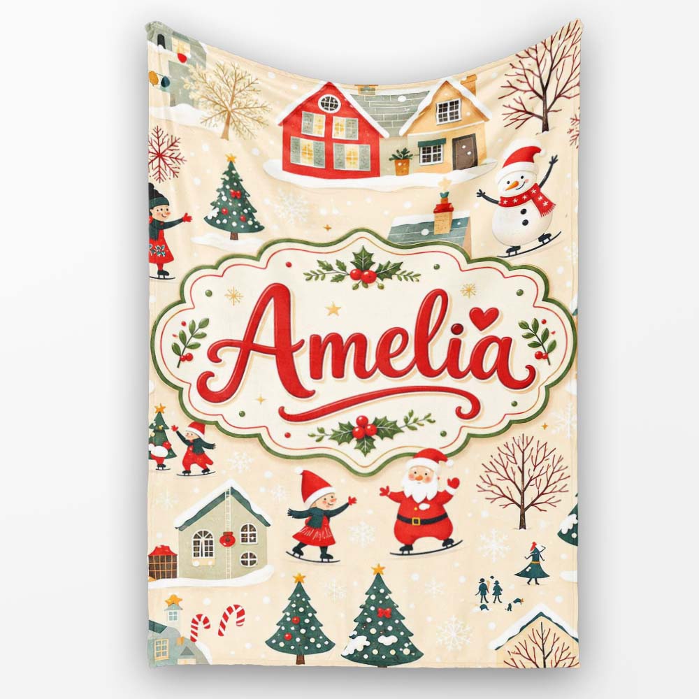 Vintage Christmas Village Snowman Santa Ice Skating Festive Winter  Personalised Custom Name Super Soft Fleece Blanket Bed Sofa Throw