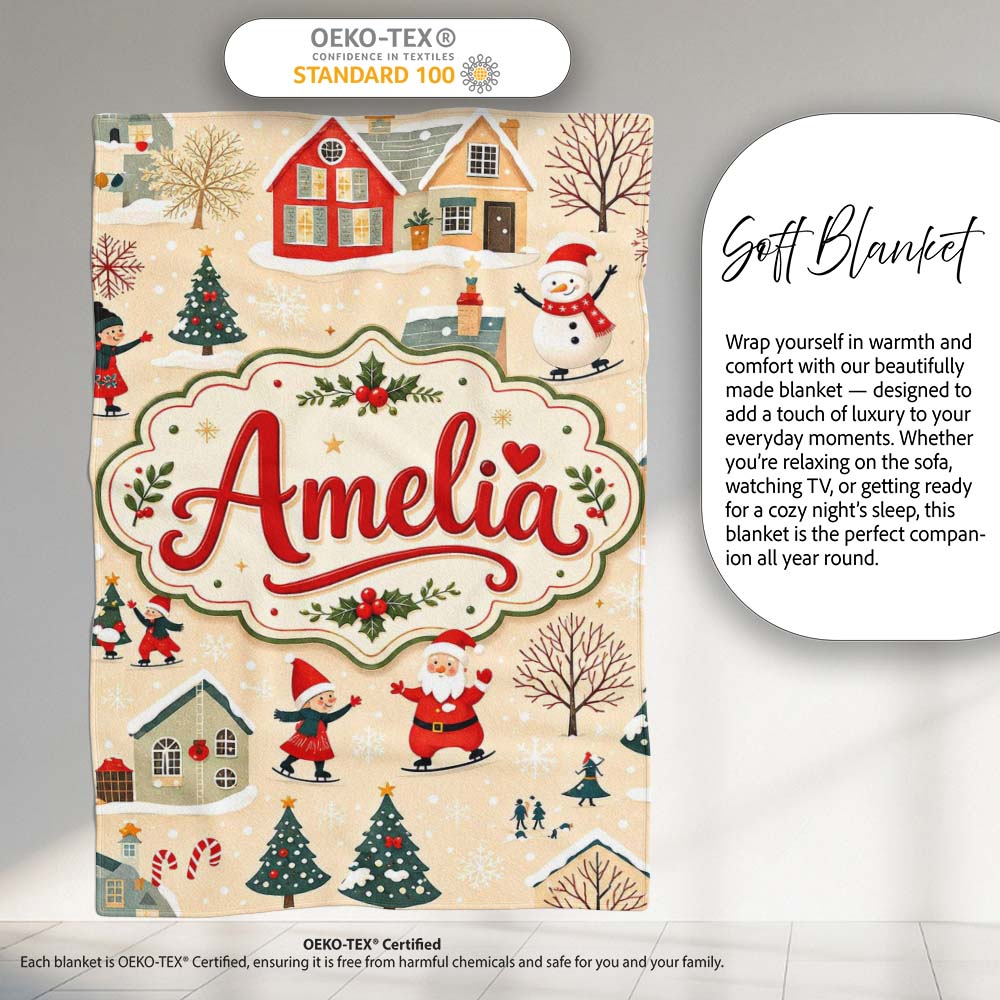 Vintage Christmas Village Snowman Santa Ice Skating Festive Winter  Personalised Custom Name Super Soft Fleece Blanket Bed Sofa Throw