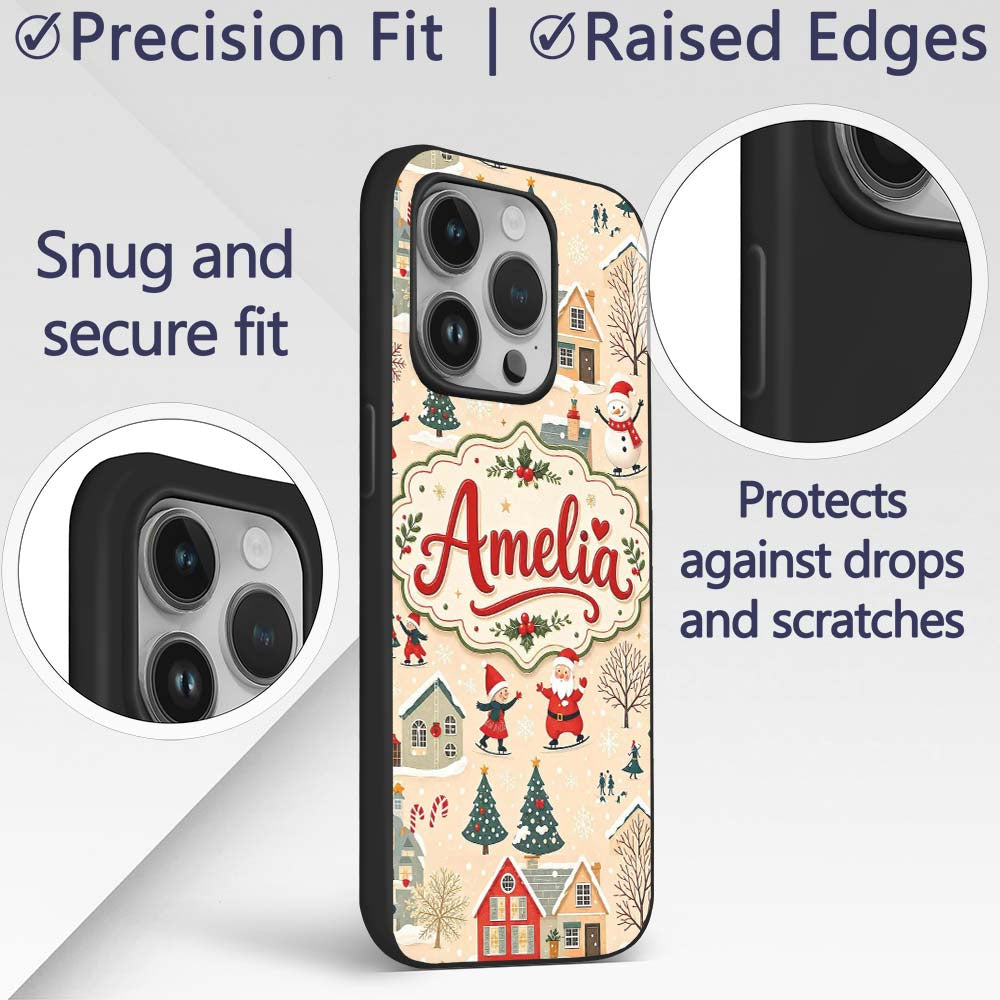 Vintage Christmas Village Snowman Printed Design Custom Name Protective Phone Case Mobile Cover Durable Everyday Smartphone Shock Resistant