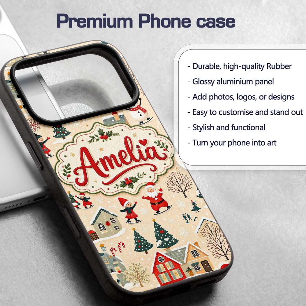 Vintage Christmas Village Snowman Printed Design Custom Name Protective Phone Case Mobile Cover Durable Everyday Smartphone Shock Resistant