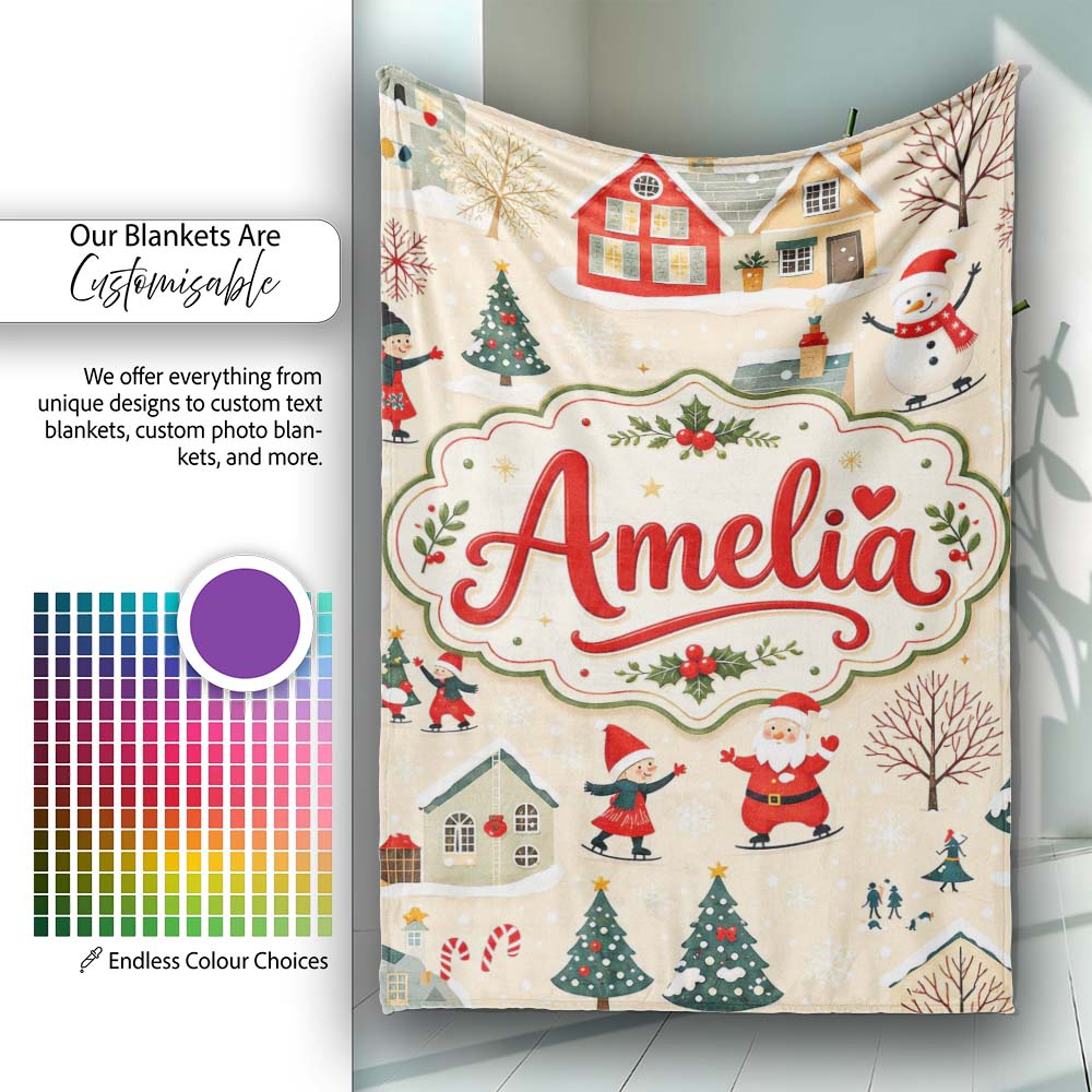 Vintage Christmas Village Snowman Santa Ice Skating Festive Winter  Personalised Custom Name Super Soft Fleece Blanket Bed Sofa Throw