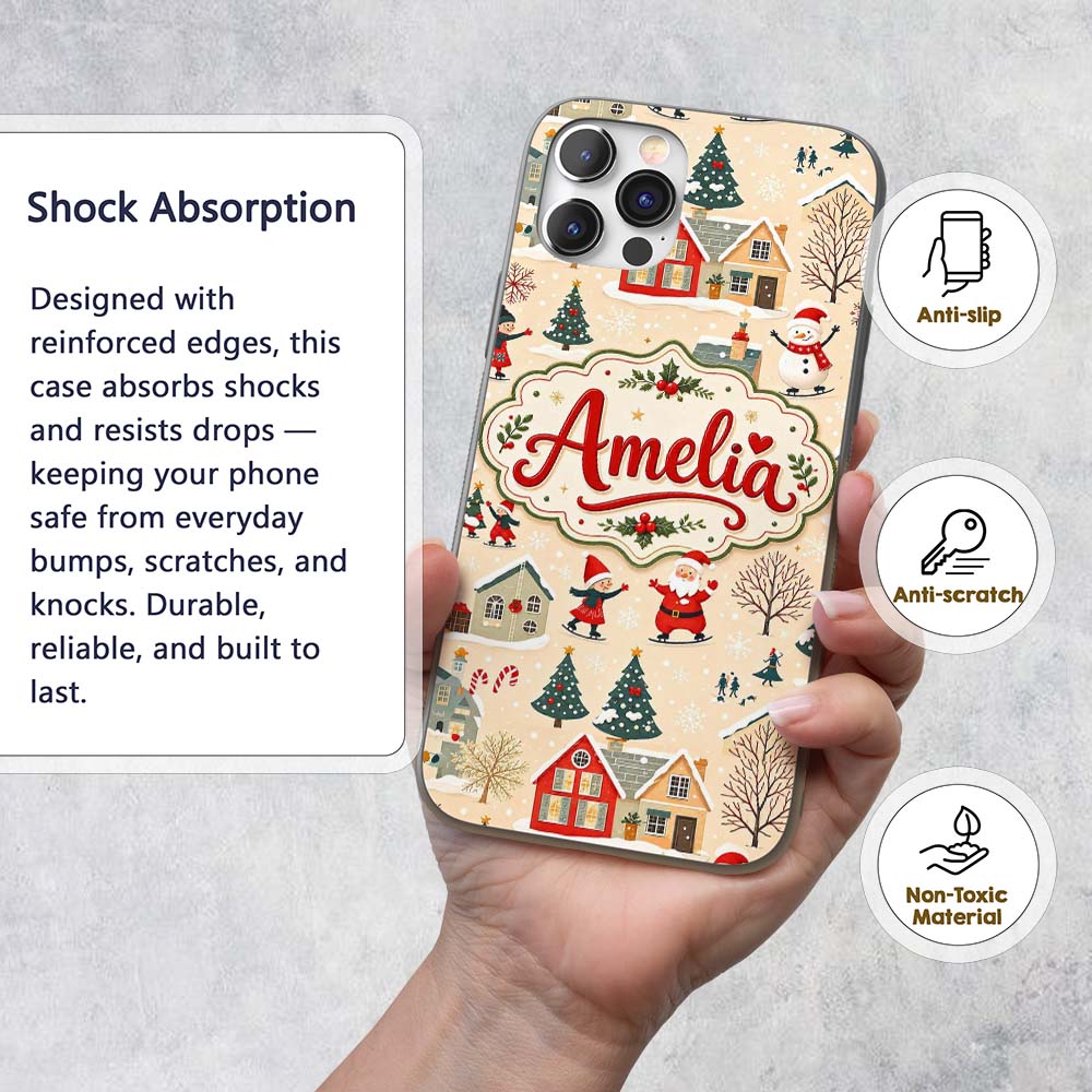 Vintage Christmas Village Snowman Printed Design Custom Name Protective Phone Case Mobile Cover Durable Everyday Smartphone Shock Resistant